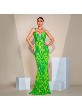 V Neck Brace Slim Fit Sheath Sequined Cocktail Fishtail Evening Dress