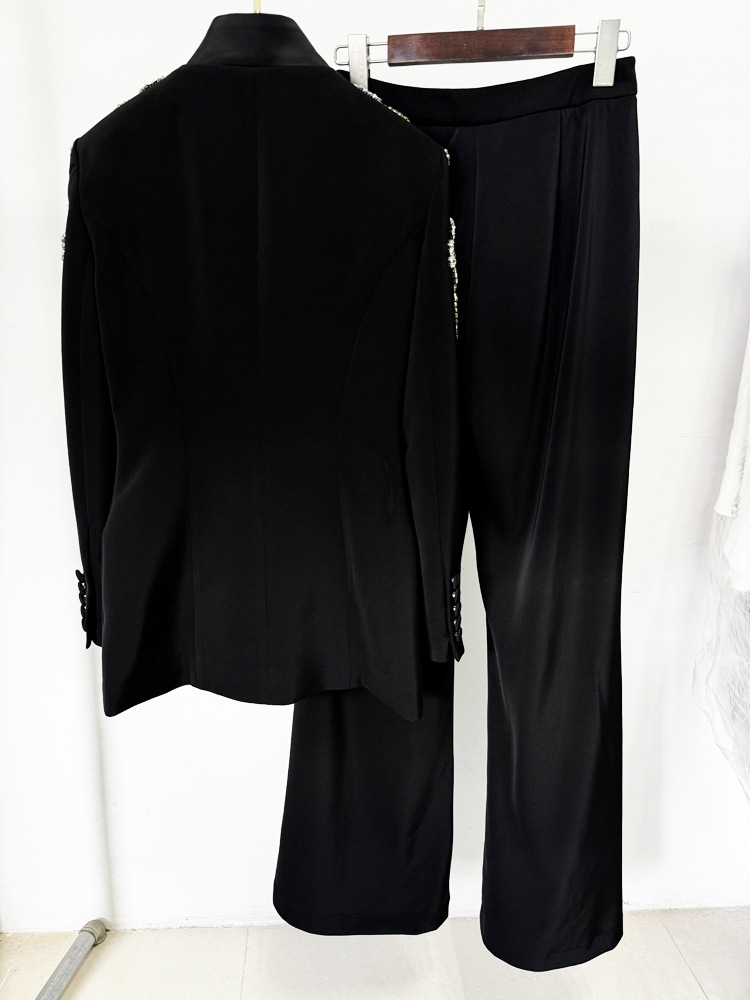 Star Exquisite Rhinestone Beaded Stand Collar Blazer Split Trousers Suit - Image 5