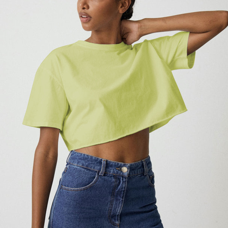 Short Sleeved T shirt Summer Pure Cotton Solid Color Cropped Round Neck Top - Image 3