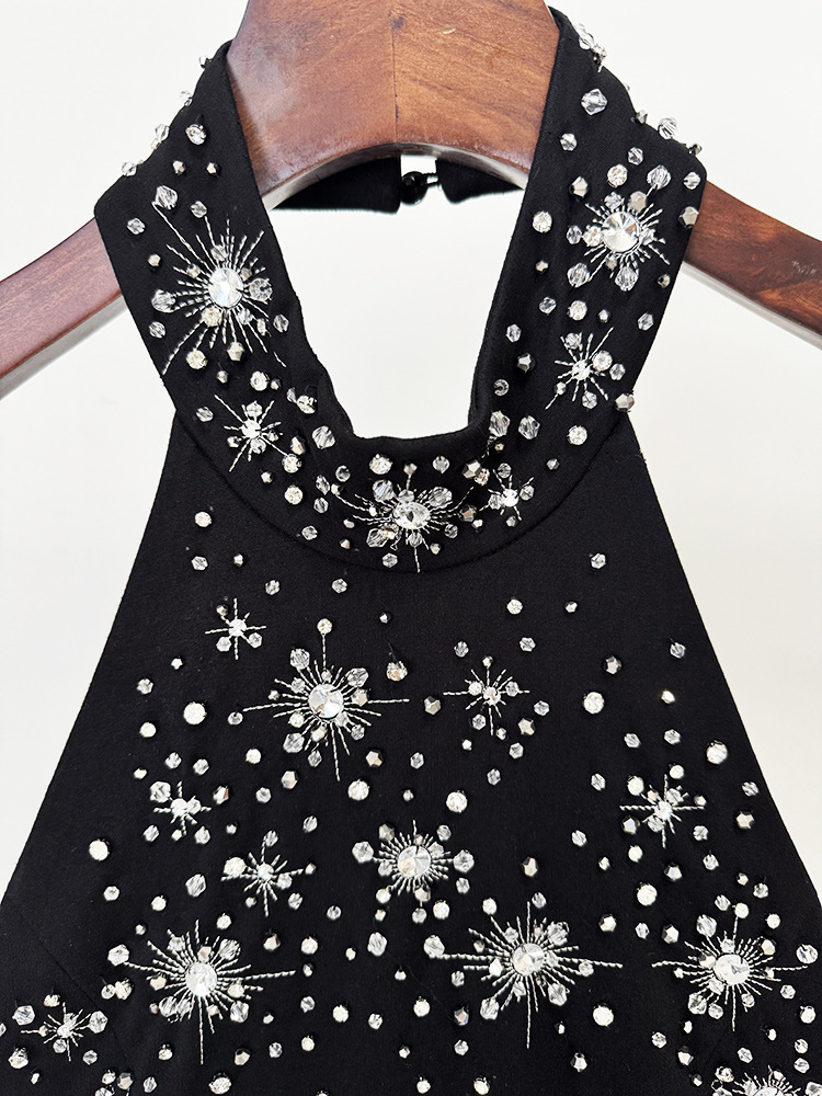 Three Dimensional Beads Rhinestones Stretch Halter Maxi Dress - Image 4