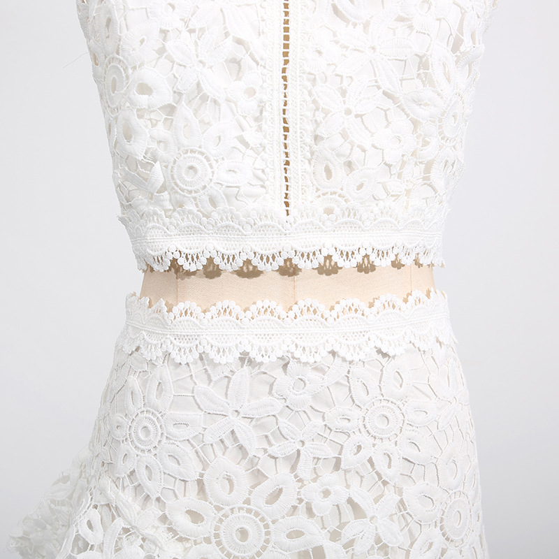 Casual Seaside Vacation Two Piece Set Lace Sleeveless Top Irregular Asymmetric Skirt Lace Set - Image 14