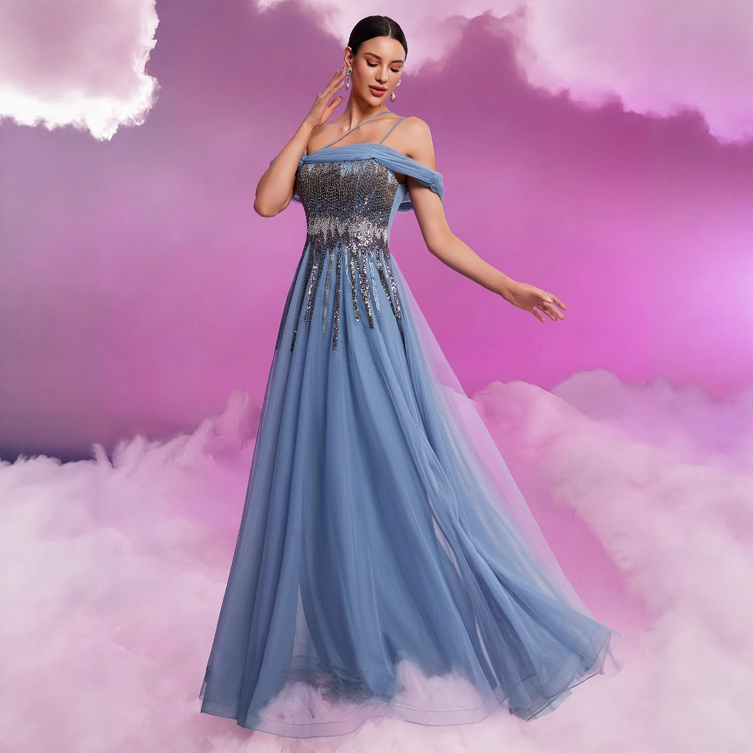 Elegant Sequin Mesh Fit Tube Top Cocktail Formal Large a Swing Floor Dress