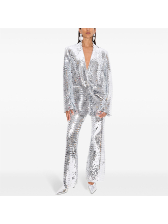 Spring Summer One Button Mesh Sequ Work Pant Two Piece Set