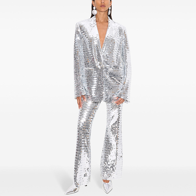 Spring Summer One Button Mesh Sequ Work Pant Two Piece Set