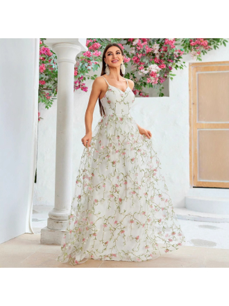 Mesh Embroidered Photo Cocktail Ball Embroidered Evening Dress