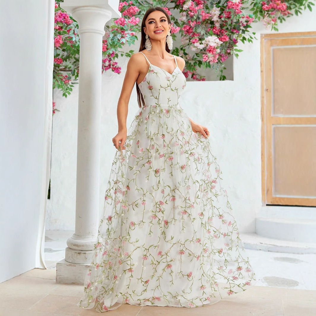 Mesh Embroidered Photo Cocktail Ball Embroidered Evening Dress