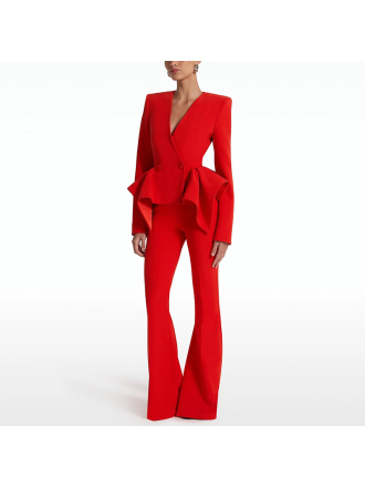 Designer Lotus Leaf Swing Slim Top Jacket Bootcut Pants Two Piece Set