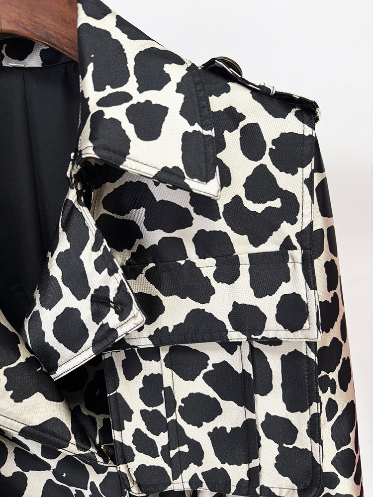 Autumn Winter Belt Leopard Jacquard Long Trench Coat - Image 6