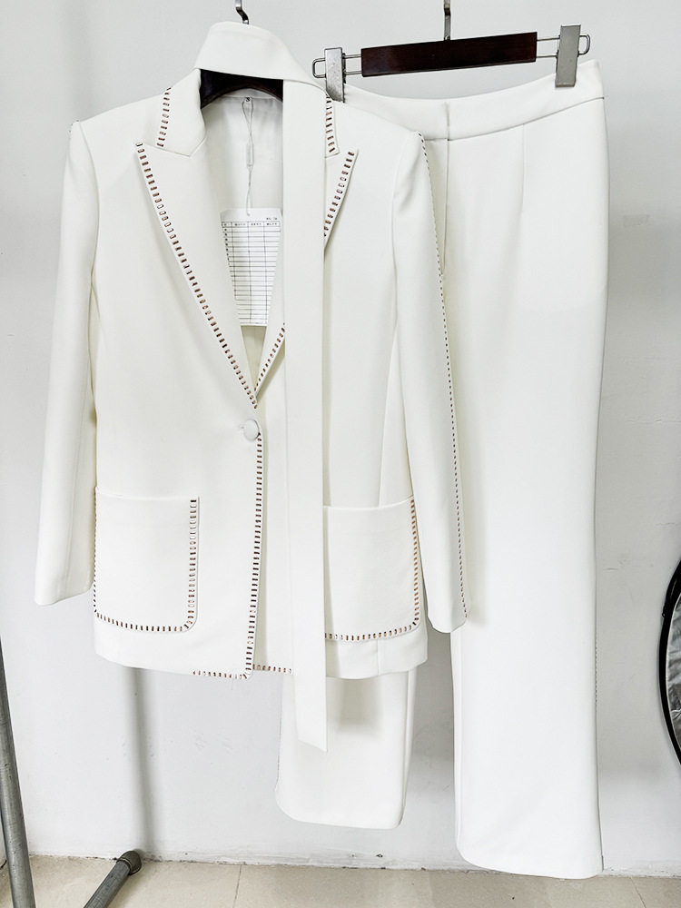 Scarf Drilling Loose Blazer Trousers Suit Two Pieces Set - Image 8