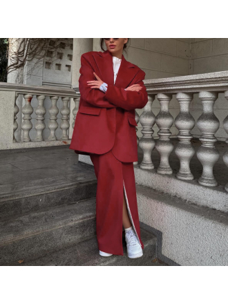 Office Split Skirt Set Collared Long Sleeve Blazer High Grade Two Piece Set