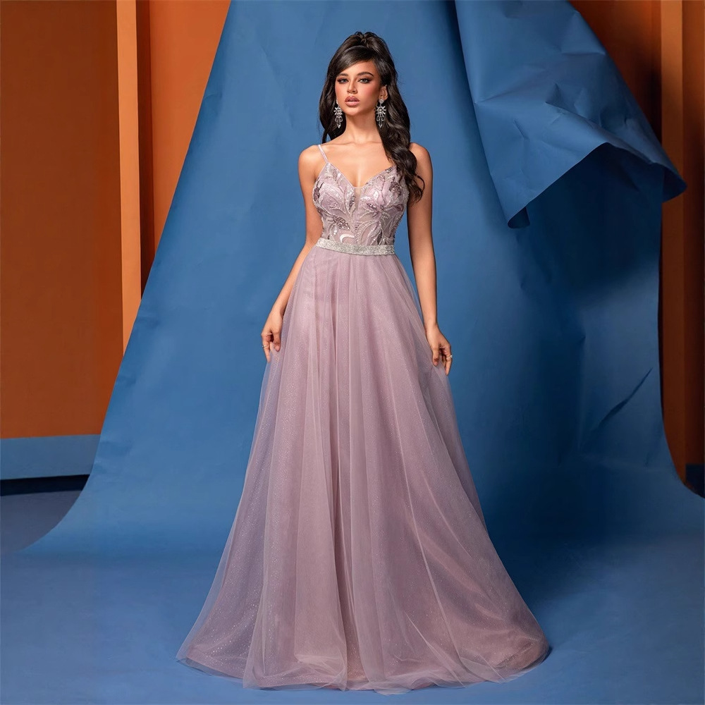 Bridesmaid V Neck Brace Sequin Pink Backless Formal Dress
