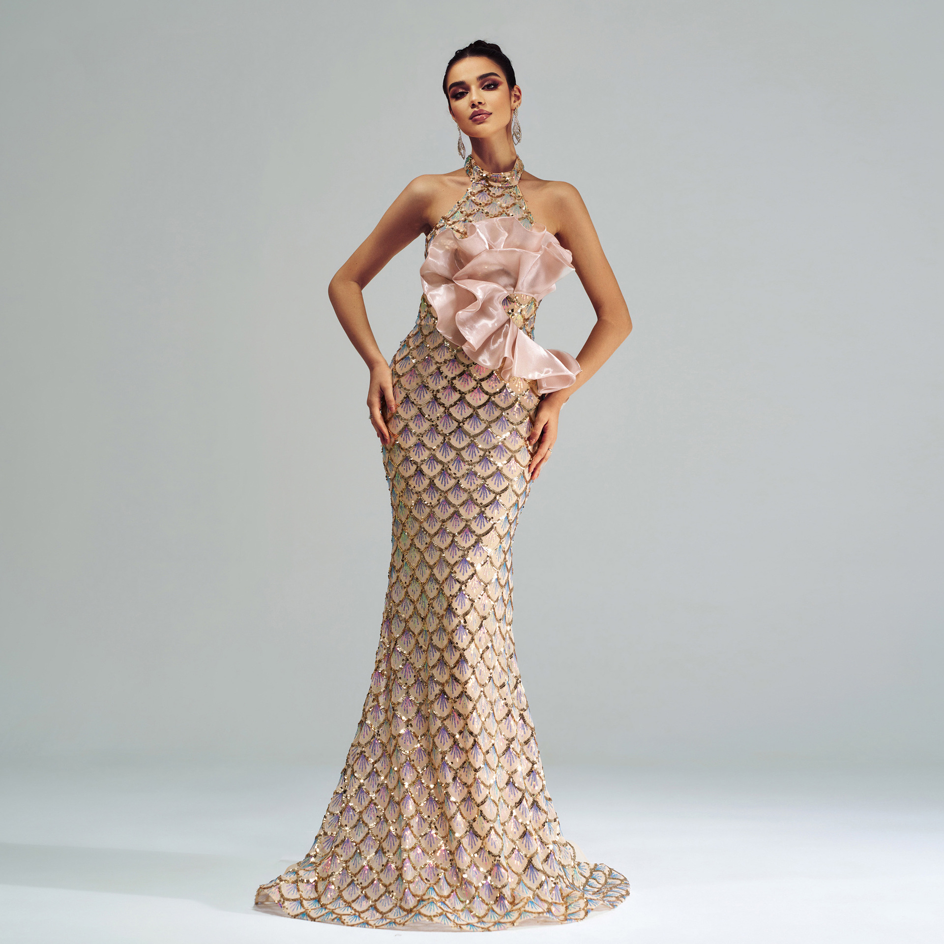 Round Neck Off the Shoulder Slim Fit Sheath Sequined Cocktail Fishtail Evening Dress