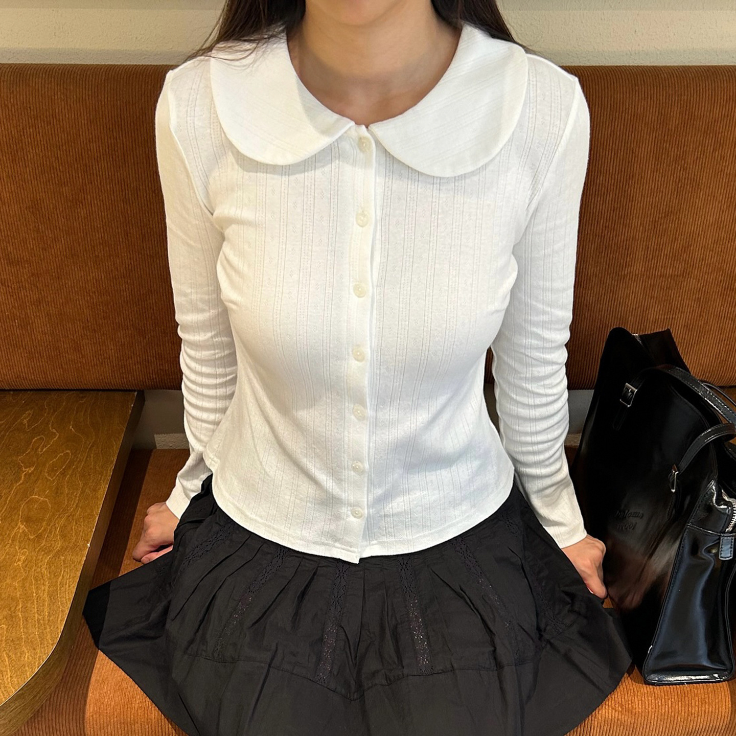 Sweet White Doll Collar Knitted Cardigan Girly Basic Texture Shirt