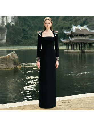 Elegant Heavy Industry Gem Diamond Long Sleeve Maxi Dress Formal Dress
