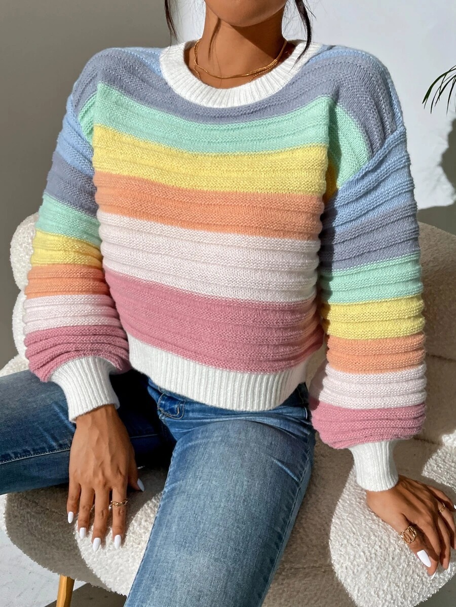 Elegant Spliced Sweater Rainbow Striped Lantern Sleeve Knitted Pullover - Image 4