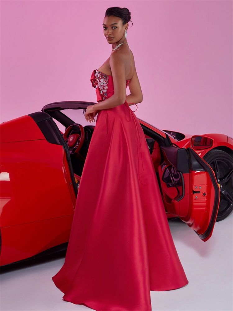 Tube Top Big a Swing Red Host Bridesmaid Backless Elegant Formal Evening Dress - Image 2