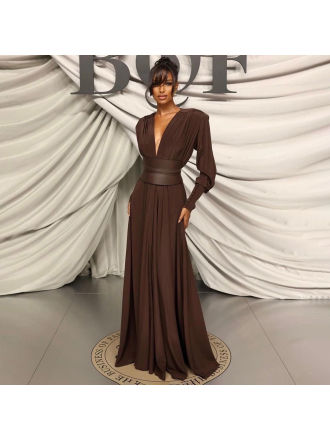 Chocolate Design Waist Seal Pleated Brown Dress