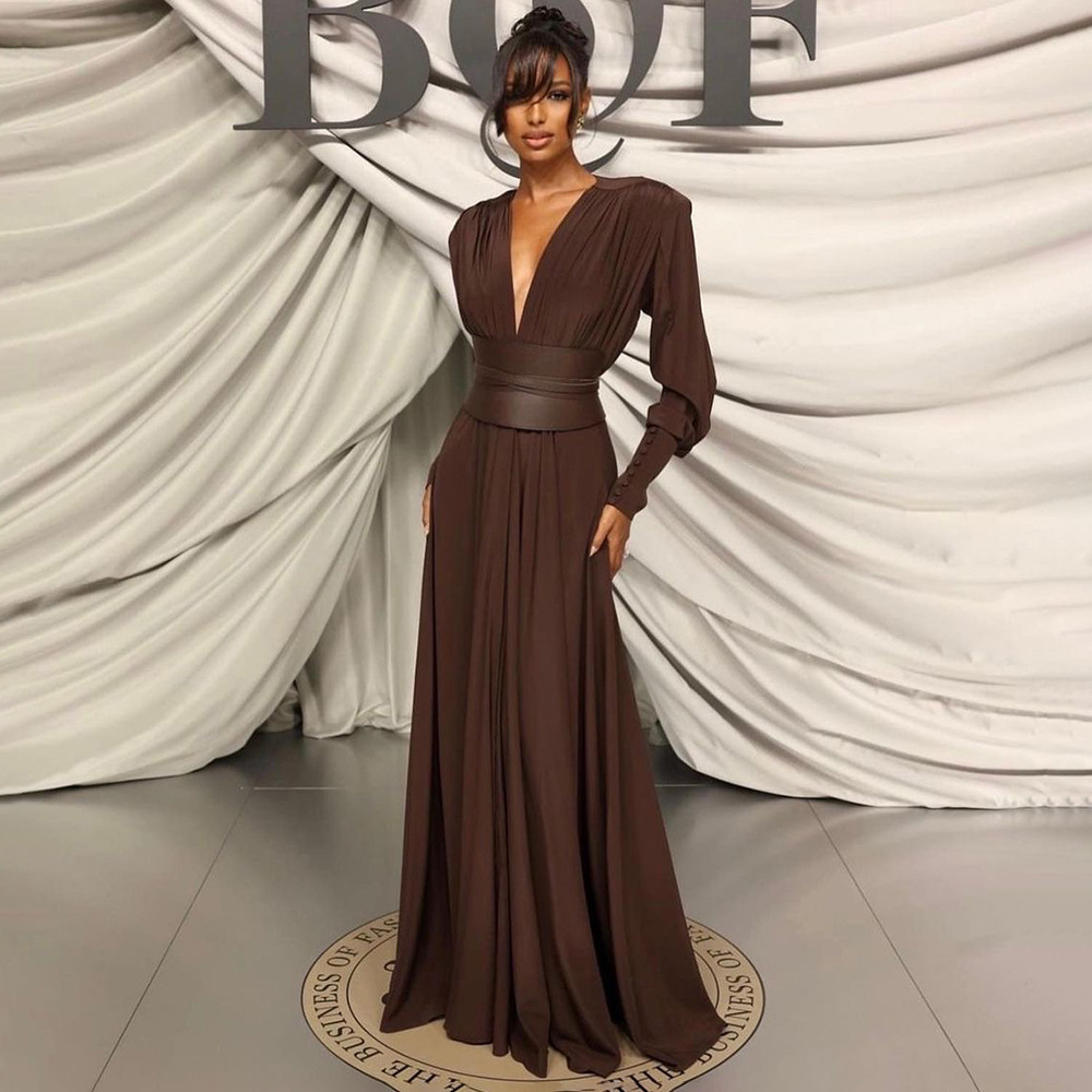 Chocolate Design Waist Seal Pleated Brown Dress
