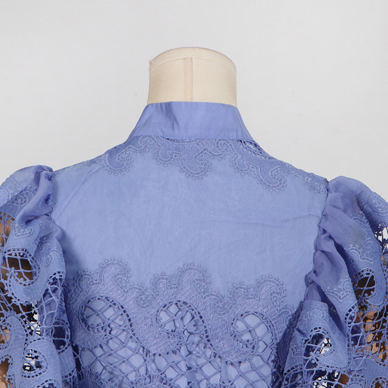 Refined Handmade Lace Patchwork Stand Collar Short Sleeve Belt Decoration Hollow Out Cutout Dress - Image 7