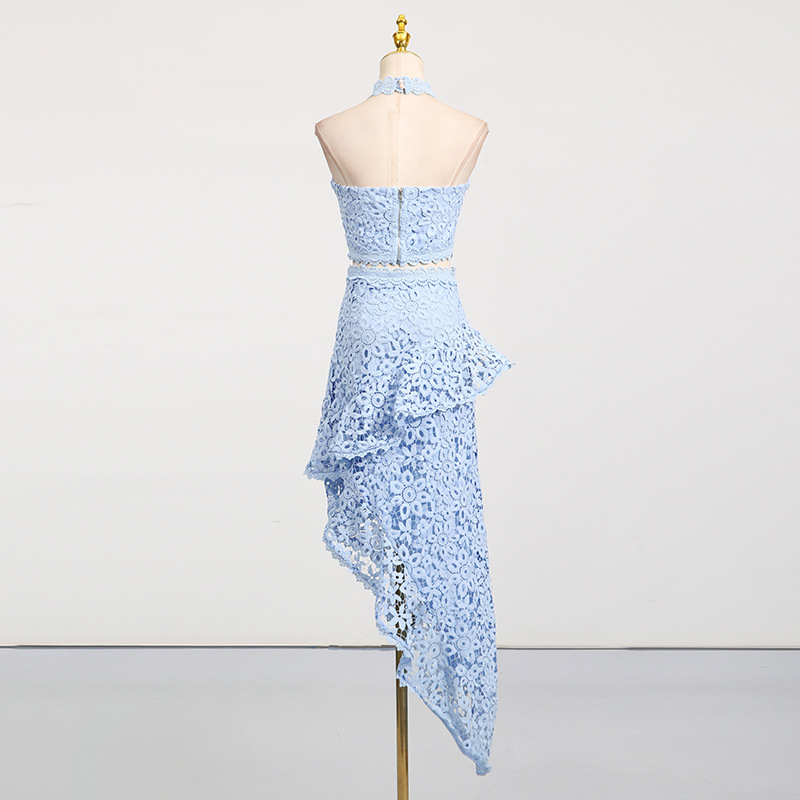 Casual Seaside Vacation Two Piece Set Lace Sleeveless Top Irregular Asymmetric Skirt Lace Set - Image 6