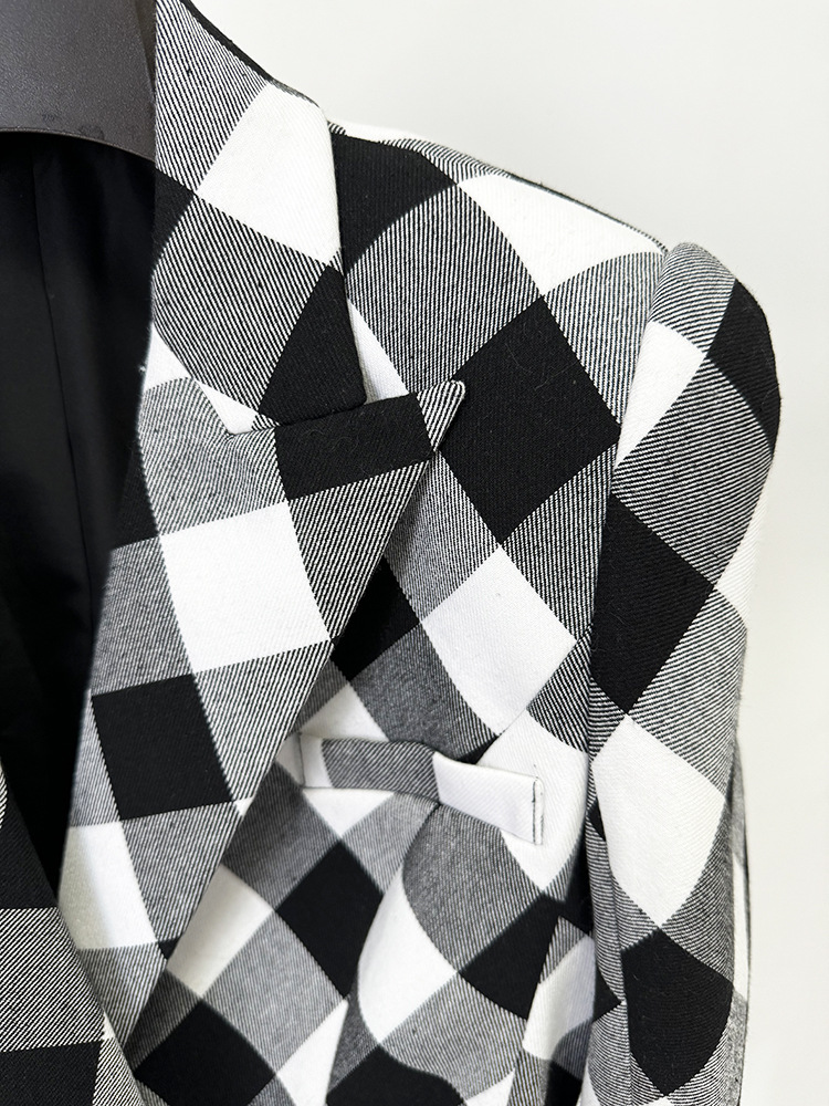Spring Star Big Metal Buckle Black White Plaid Slim Fit Blazer Jacket - Image 4