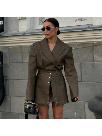 Retro Faux Leather Skirt Set Hollow Out Cutout out Long Sleeved Top High Grade Two Piece Sets
