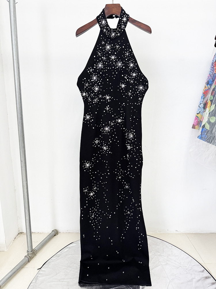 Three Dimensional Beads Rhinestones Stretch Halter Maxi Dress - Image 2