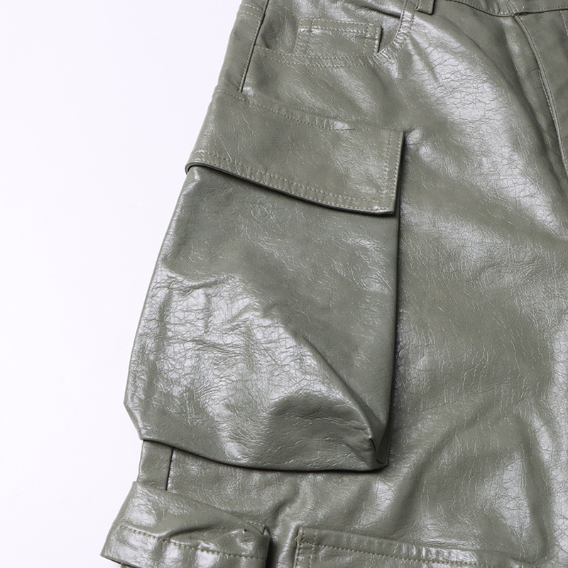 Unique High Waist Large Pocket Faux Leather Straight Leg Pants - Image 9
