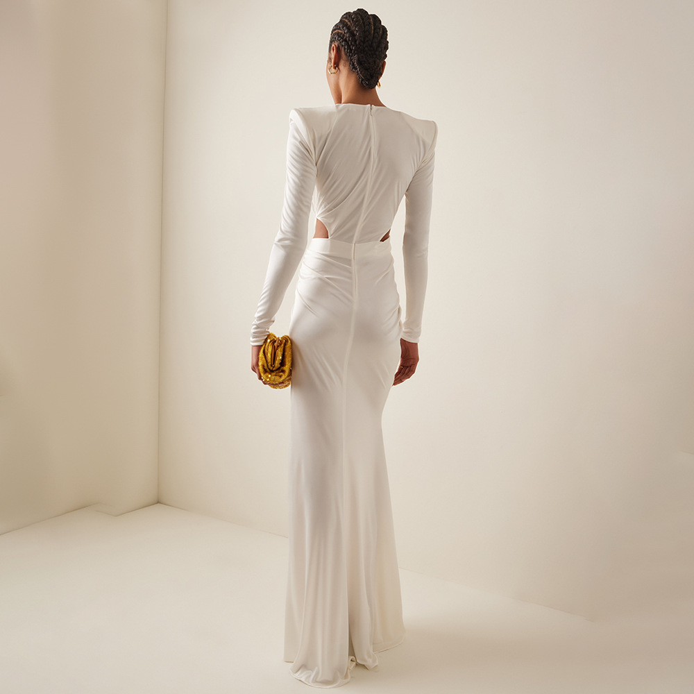 White Long Sleeve Pleating Hollow Out Cutout Cross Dress - Image 2