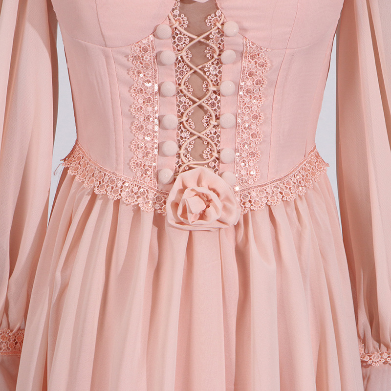 Square Collar Three Dimensional Drawstring Lantern Sleeve Dress - Image 3