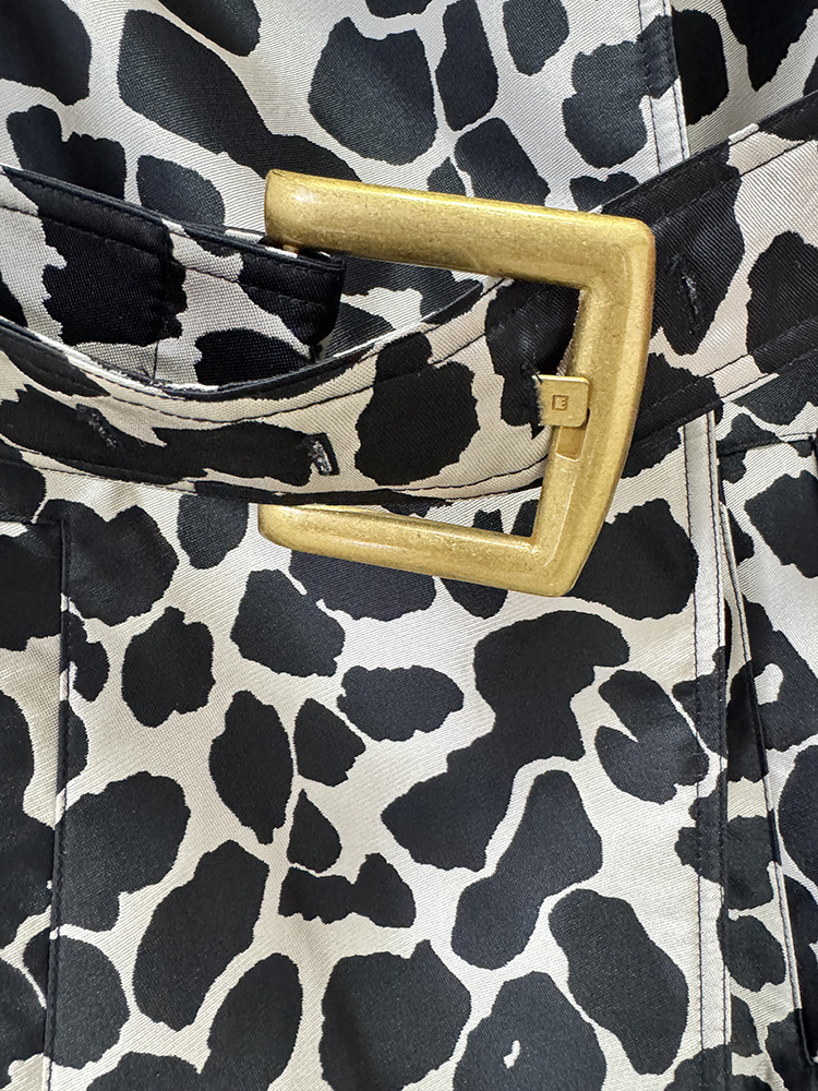Autumn Winter Belt Leopard Jacquard Long Trench Coat - Image 7
