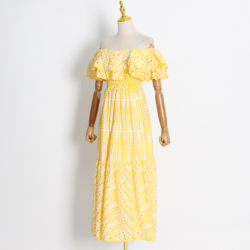 Elegant Double Layer Lotus Leaf Off Neck Embroidered Hollow out Maxi Dress - Image 6