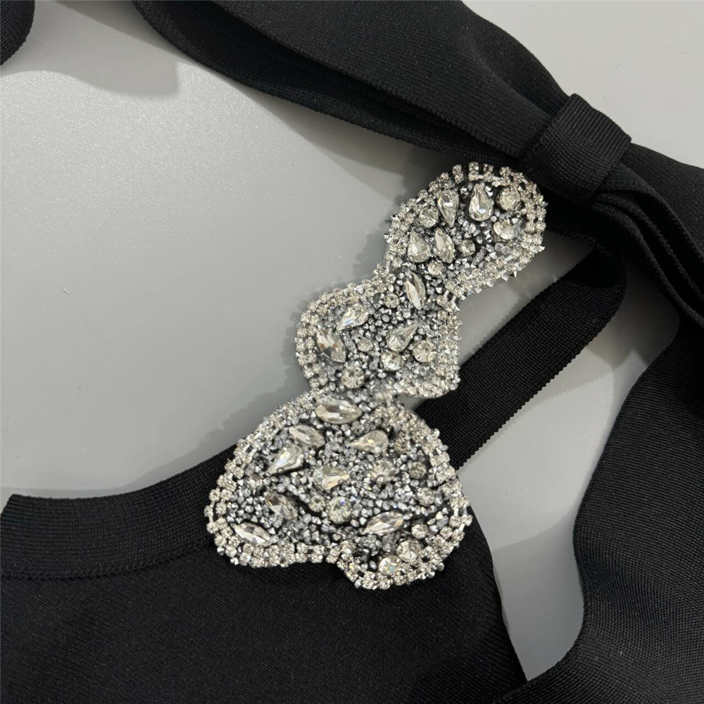 V Neck Bow Ribbon Rhinestone Bandage One Piece Party Cocktail Elegant Dress - Image 5