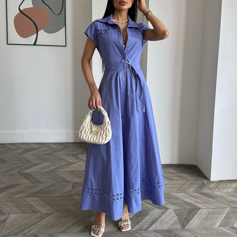 Solid Color Dress Summer Polo Collar Hollow Out Cutout out Belt Waist Trimming Short Sleeved Large Swing Dress - Image 3