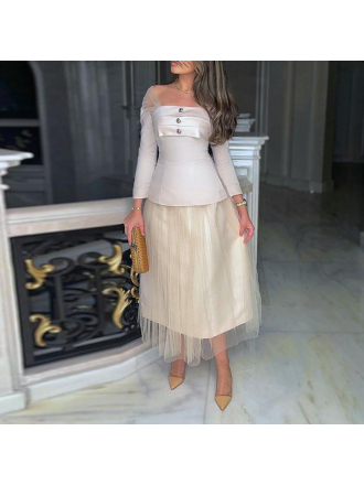 French Elegant Autumn Oblique Shoulder Tops Mesh Skirt Two Piece Set