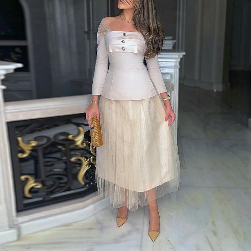 French Elegant Autumn Oblique Shoulder Tops Mesh Skirt Two Piece Set