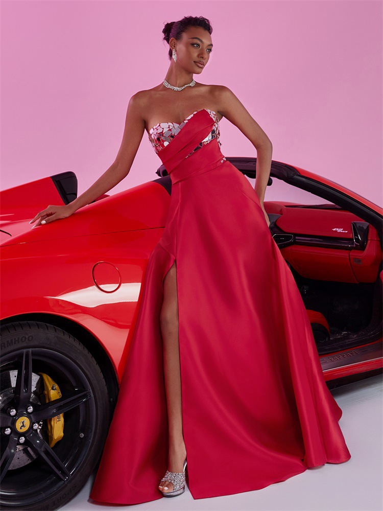 Tube Top Big a Swing Red Host Bridesmaid Backless Elegant Formal Evening Dress - Image 3