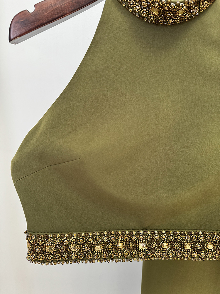 Heavy Industry Beads Diamond Halter neck Vest Top Split Long Skirt Set Two Piece Set - Image 5