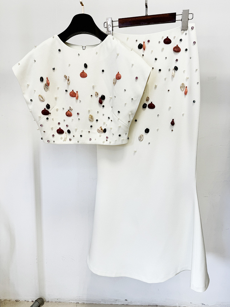 Star Heavy Industry Shell Beads Rhinestones Short Top Fishtail Mid Length Skirt Two Piece Sets - Image 2