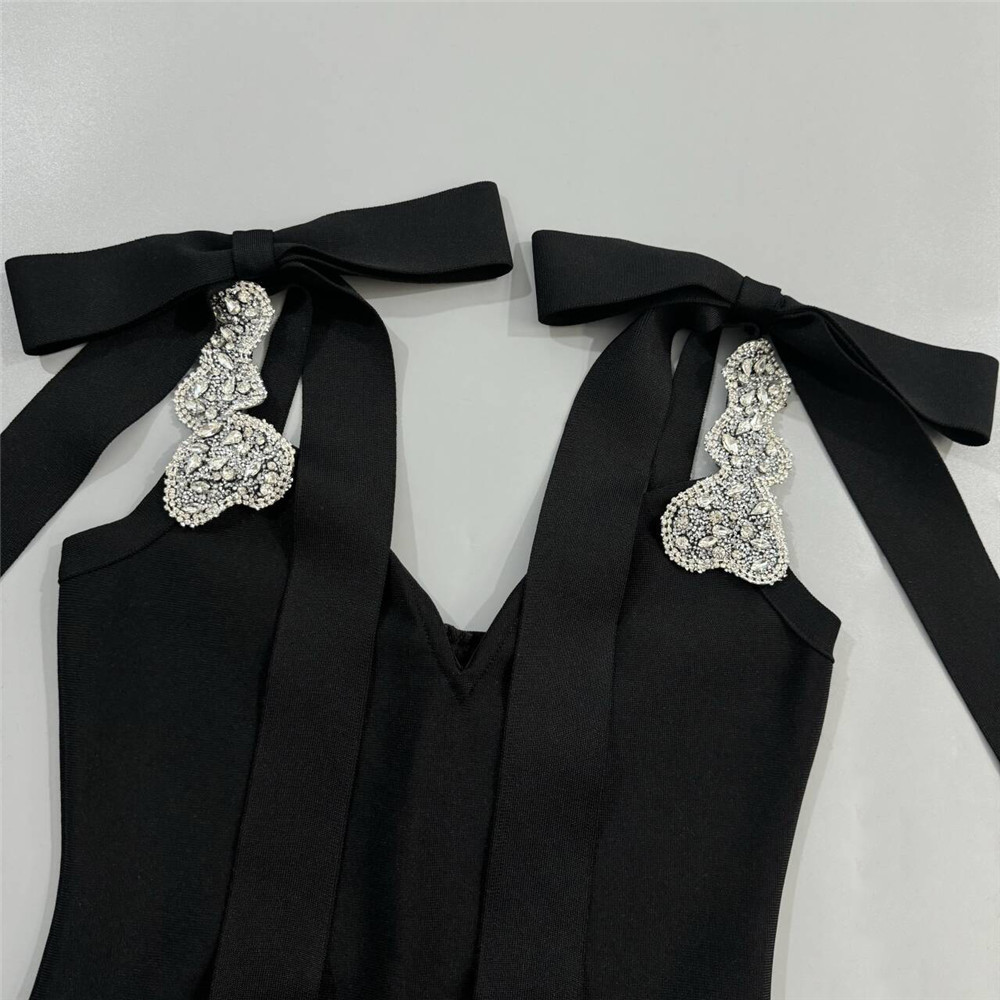 V Neck Bow Ribbon Rhinestone Bandage One Piece Party Cocktail Elegant Dress - Image 4