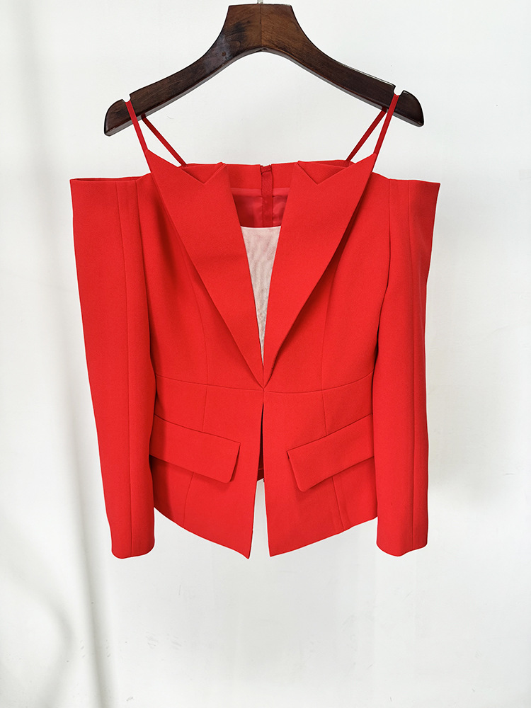Zipper Personality Sexy Solid off Shoulder Blazer - Image 2
