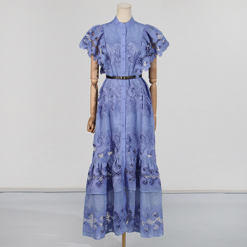 Refined Handmade Lace Patchwork Stand Collar Short Sleeve Belt Decoration Hollow Out Cutout Dress - Image 2