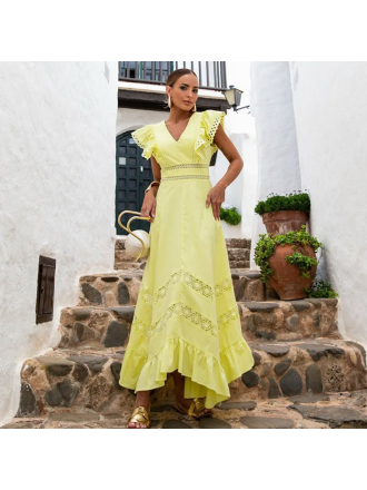 V neck Flying Sleeves Embroidery Cutout Lace Stitching Slim Fit Waist Controlled Dress