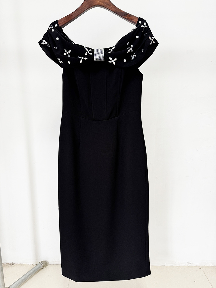 Off Shoulder Beads Rhinestones Mid Length Dress - Image 3