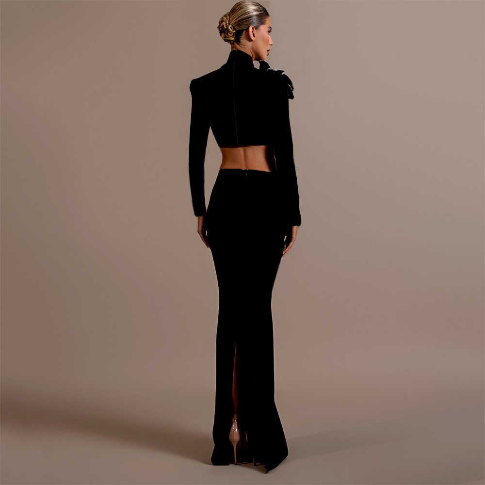 Diamond Bandage Skirt Set Long Sleeve Half Turtleneck Short Top Long Skirt Two Piece Set - Image 2