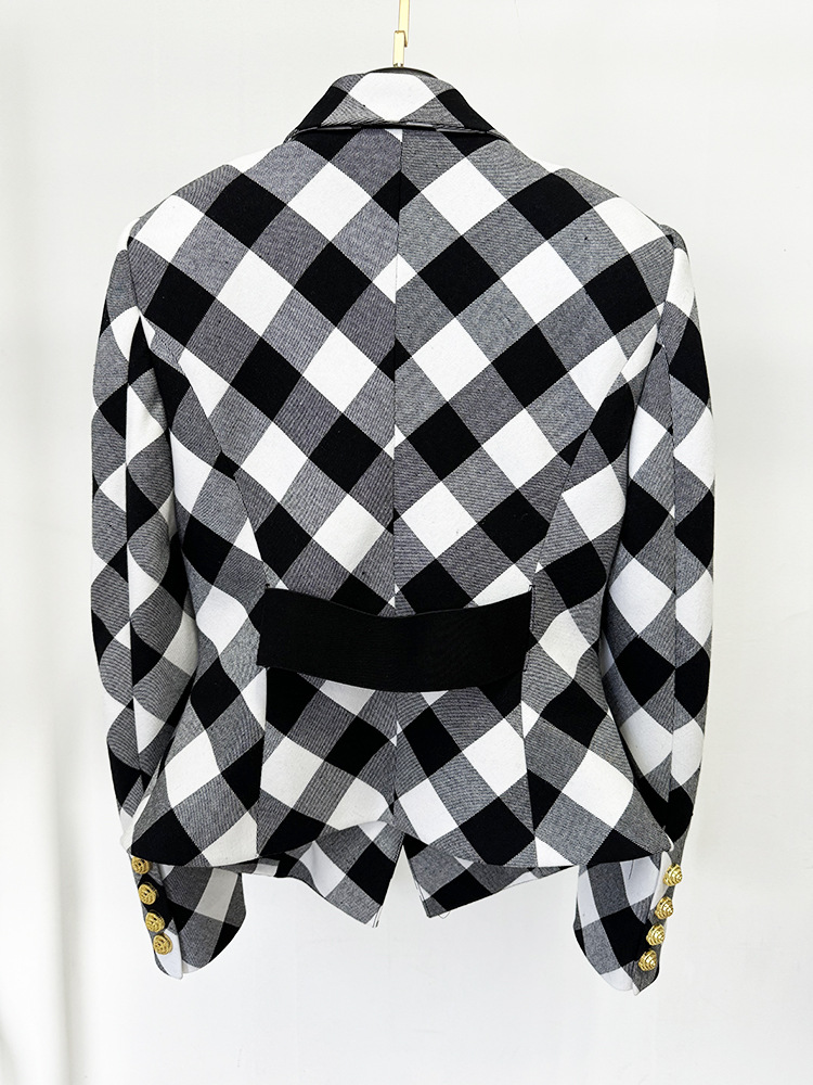 Spring Star Big Metal Buckle Black White Plaid Slim Fit Blazer Jacket - Image 3