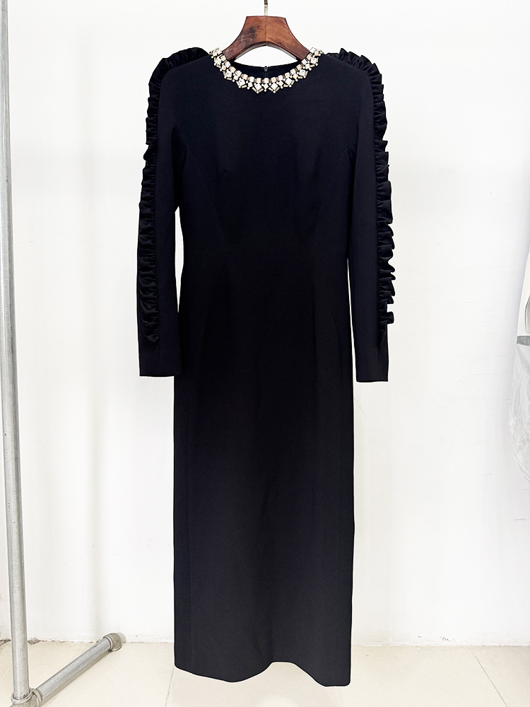 Autumn Star Fashionable Stringy Selvedge Three Dimensional Decoration Long Sleeve Mid Length Dress - Image 3