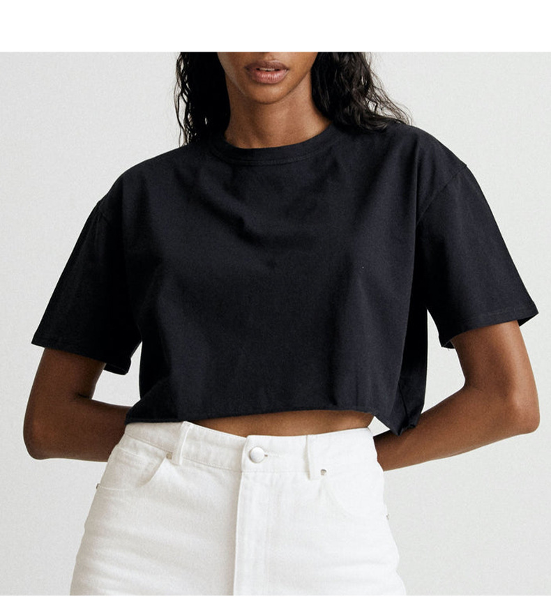 Short Sleeved T shirt Summer Pure Cotton Solid Color Cropped Round Neck Top - Image 8