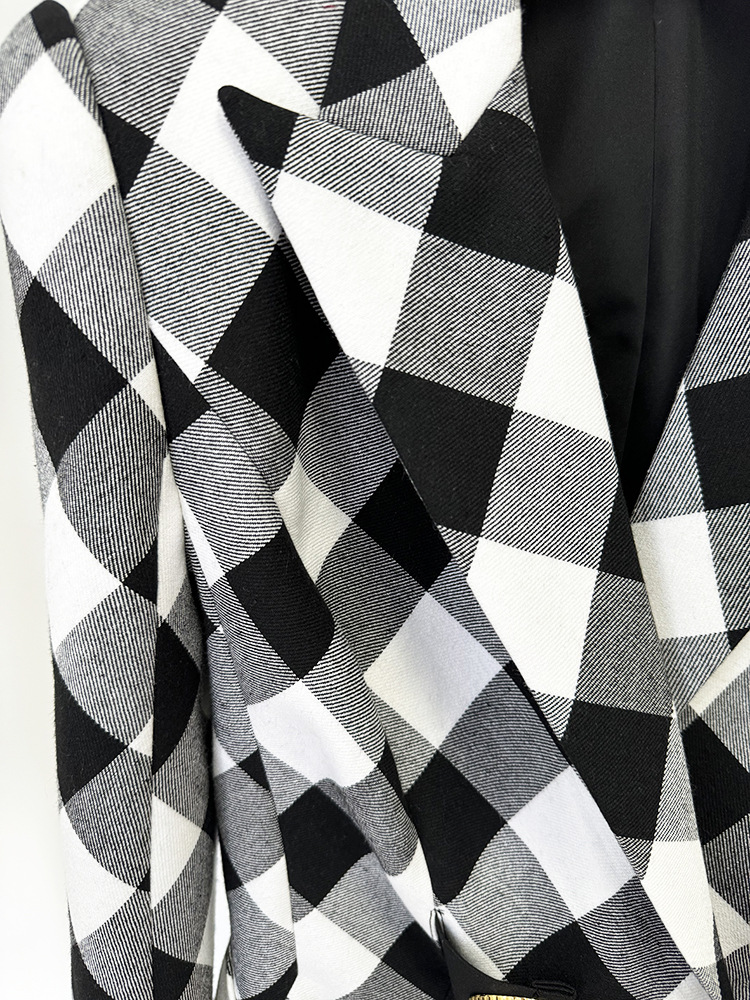 Spring Star Big Metal Buckle Black White Plaid Slim Fit Blazer Jacket - Image 5