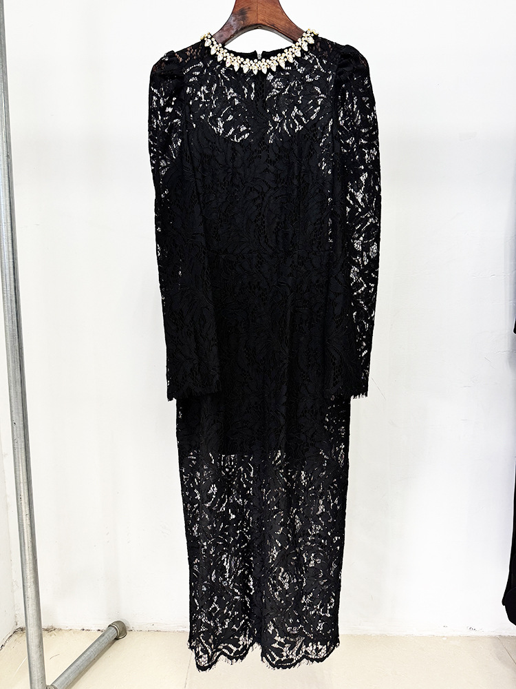 Spring Summer Star Bead Diamond Long Sleeve Slim Water Soluble Lace Dress - Image 11